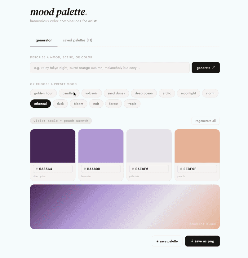 Mood based palette generator preview